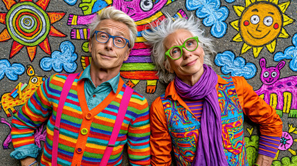 Obraz premium Trendy and creative senior couple lying on colorful chalk art drawings on a paved ground