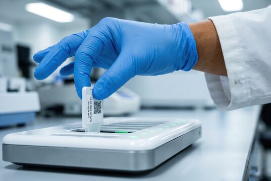 gloved hand inserting methylation cartridge into sequencing rack tray laboratory molecular diagnostics assay sample prep