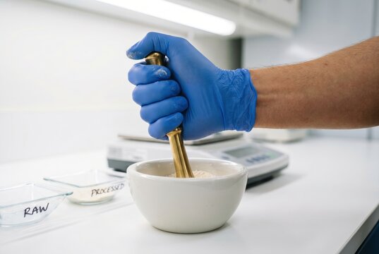 hand wearing blue glove crushing powder mortar pestle white bowl laboratory and NMN raw material supplement nutrition