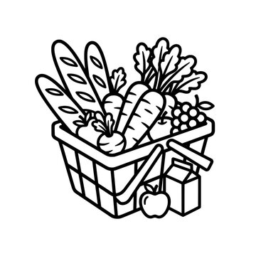 grocery shopping basket fresh produce bread vegetables black white line drawing illustration