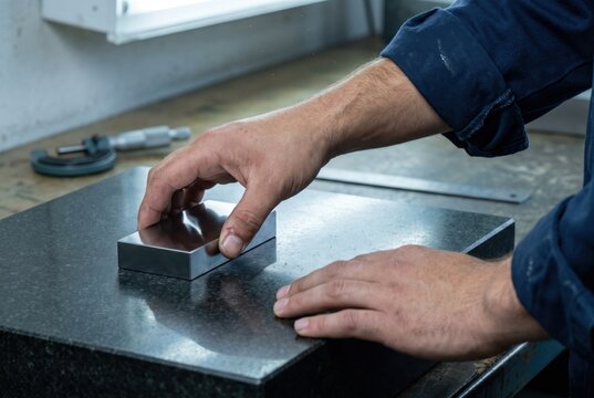hands placing rectangular gauge block on granite surface plate precision measurement NIMS skill assessment calibration