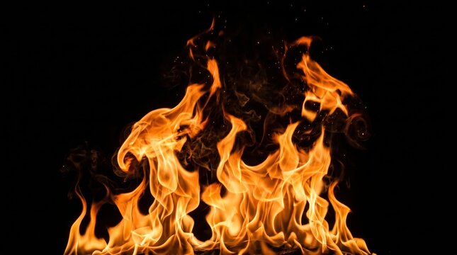 Intense fire flames and embers dancing in the dark nature high-contrast image