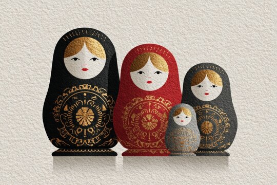 Russian nesting dolls with traditional floral patterns in black, red and gray colors on textured background, set of four wooden matryoshka toys in a row.