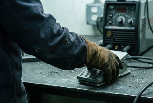 worker gloved hand pressing foot pedal welding machine TIG apprentice mid press torch training