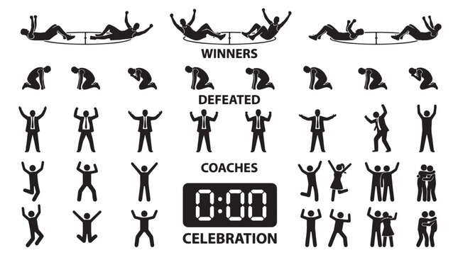 Final Buzzer Emotional Reactions Silhouettes Set Pack, Editable Vector Stroke Illustrations. containing vector, illustration, graphic, design, silhouette, sports, winner, defeated and more silhouettes