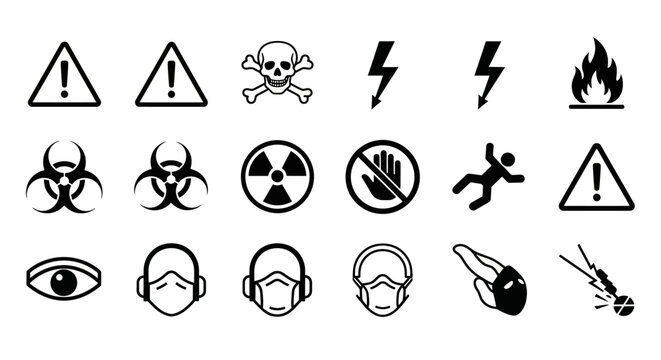 Collection of hazardous warning signs and symbols.