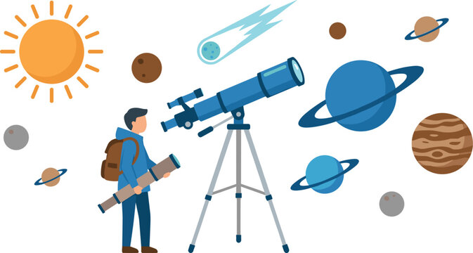 Astronomy exploration scene with scientist using telescope observing planets sun meteor and solar system elements vector illustration