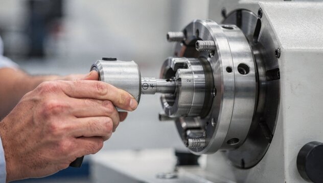 Engineer adjusting the spindle assembly on a toolroom grinder highlighting intricate calibration for precision tool sharpening tasks.