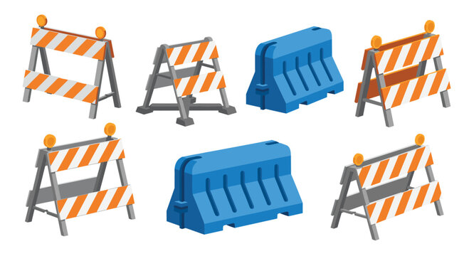 A group of blue plastic traffic barriers and striped metal construction barricades positioned on a white background for clear industrial hazard marking and safety management.