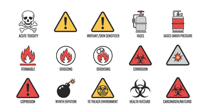 Collection of hazardous warning signs and symbols.