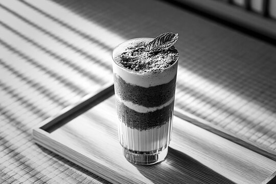 Layered beni imo smoothie in dramatic monochrome shadow lighting