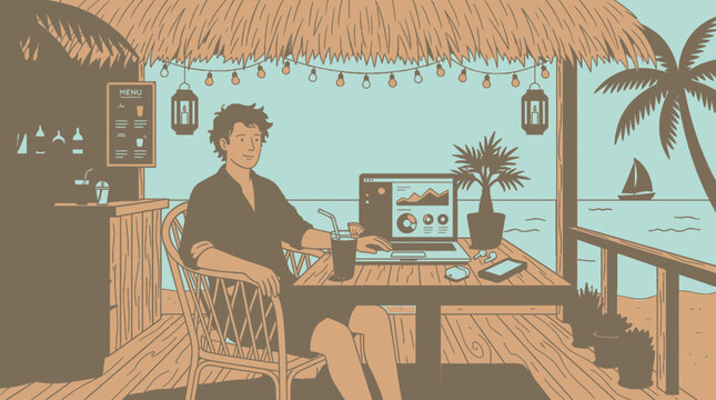 Remote worker on tropical vacation with laptop