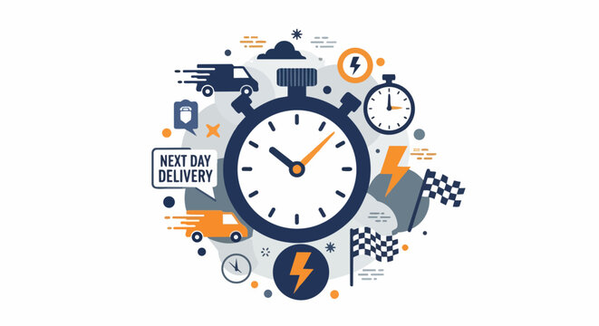 Express Delivery and Logistics Concept with Stopwatch, Shipping Van, and Next Day Delivery Icons - Speed and Efficiency in Transportation Services