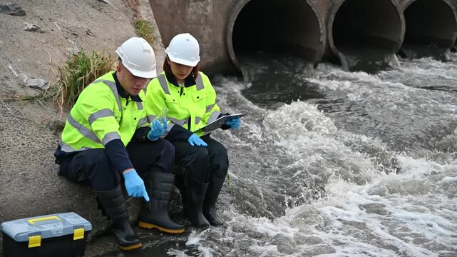 Field Researchers Monitoring Water Flow and Pollution Levels