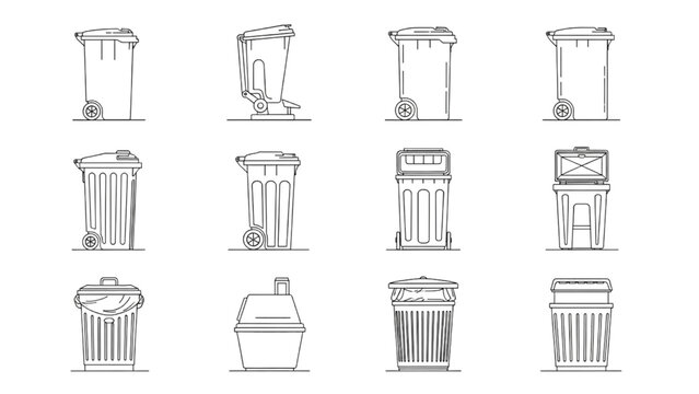 Collection of various types of bins and trash cans outlined