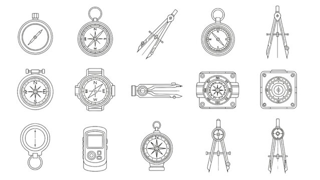 Collection of various compasses and drafting tools line art icons