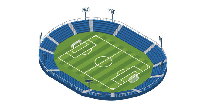 A digital isometric illustration displays an oval sports arena featuring blue stadium seating and a central green field with white markings against a clean white background.