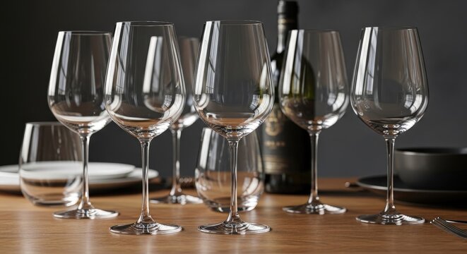 Empty wine glasses on a wooden table with a bottle of wine and plates in the background for a dinner party setup
