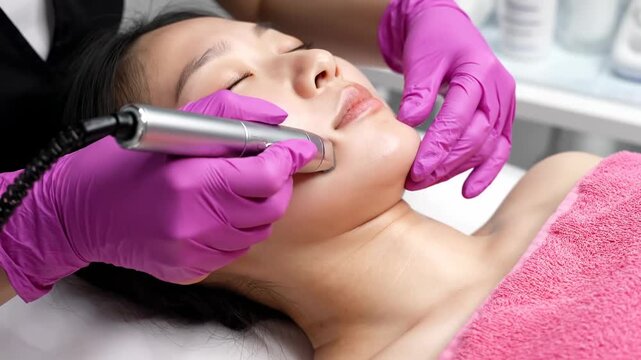 Professional Facial Treatment of an Asian Woman Receiving Microneedling Procedure with a Dermapen for Skincare Clinic and Beauty Salon Marketing.
