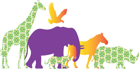 Artistic wildlife silhouette collection featuring patterned and gradient vector illustrations of a giraffe, elephant, rhinoceros, zebra, eagle, and cheetah for creative graphic design. © MdOazad