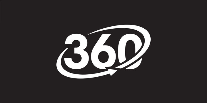 A black graphic displaying 360 with a circular arrow silhouette vector illustration