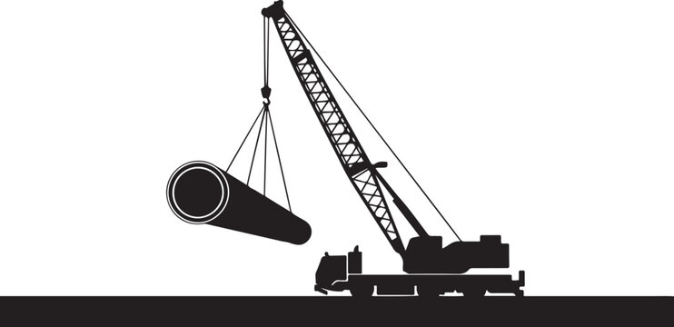 Crane Truck Lifting Large Pipe Line Art Illustration silhouette vector illustration