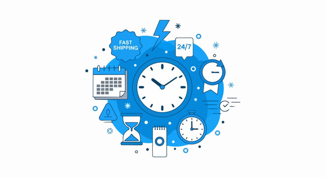 Logistic and Time Management Illustration Featuring Fast Shipping, 24/7 Service, Clock, Calendar, and Hourglass Icons in Blue Flat Line Art Style