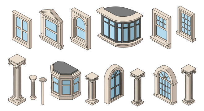 Isometric collection of classical building features including arched window frames, bay windows, and elegant fluted columns arranged on a uniform light grey background.