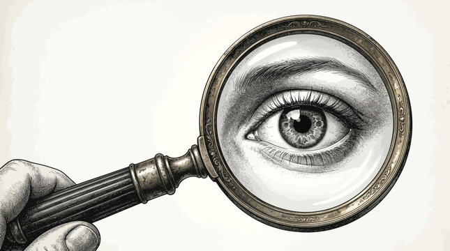 A magnifying glass held by a hand with an eye visible through the lens