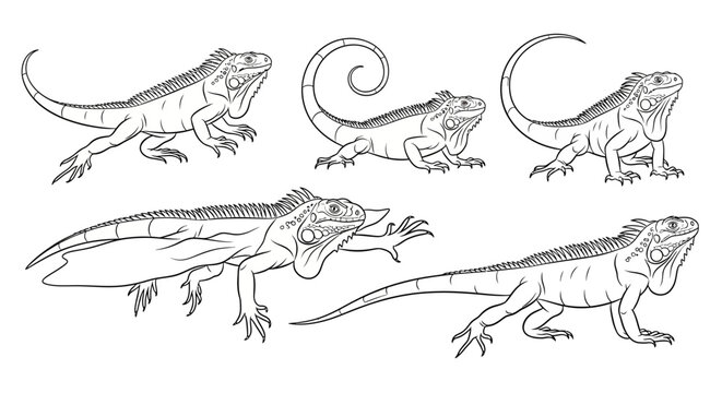 Iguana line art collection, hand drawn reptile vector illustrations