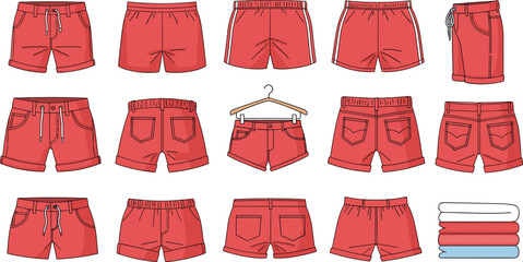 Large collection of red summer shorts vector illustrations featuring various styles like swim trunks denim and athletic wear for fashion design. © Ratna