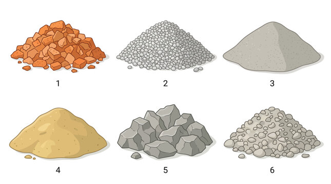Illustration of various aggregate materials in piles