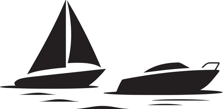 Simple black and white illustration of two ship or boat icons on water. silhouette vector illustration