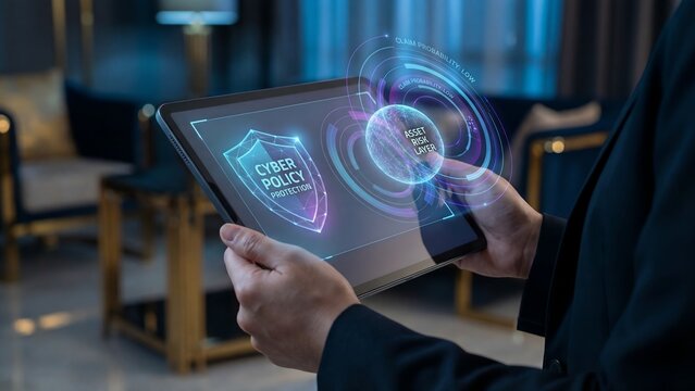 Business executive holding tablet with cyber policy protection dashboard showing asset risk layer, claim probability and enterprise insurance analytics for digital threat coverage operations