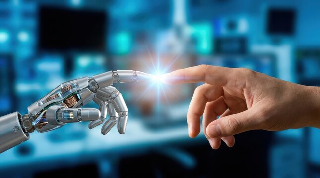 Robot hand and human finger touching, symbolizing AI interaction, future technology, creation concept.