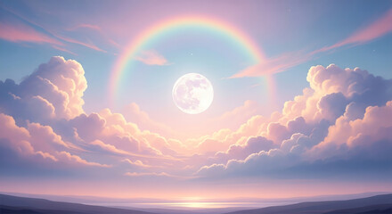 Naklejka premium A radiant full moon illuminates a serene pastel cloudscape, embraced by a vibrant rainbow, creating an ethereal twilight scene of wonder, hope, and tranquil beauty