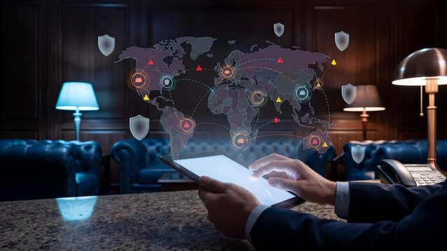Business professional using tablet with global cyber threat monitoring map showing attack alerts, protection zones and international risk intelligence for enterprise security operations data