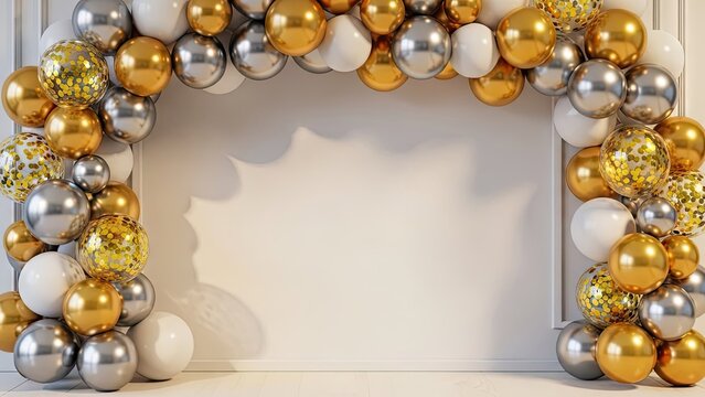 Festive balloon archway display celebration backdrop with gold and silver balloons