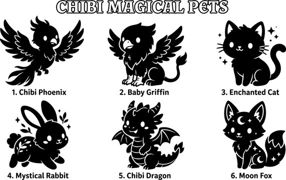 Six magical pets in chibi style with fantasy elements  phoenix griffin cat rabbit dragon fox