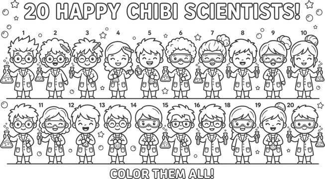 Twenty happy chibi scientists in lab coats with beakers and test tubes  fun educational illustration