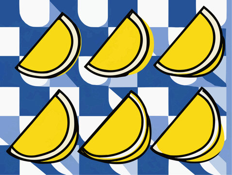 Flat vector illustration of six bold lemon wedges on a blue geometric background, suitable for food packaging, beverage ads, or kitchen decor.