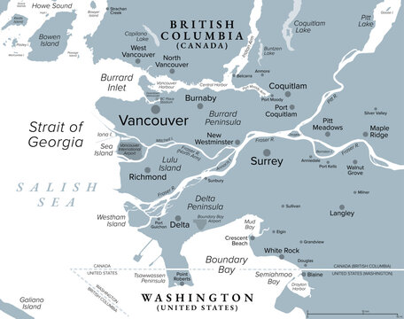 Greater Vancouver, British Columbia, Canada, gray political map, with largest cities. Also known as Metro Vancouver, a metropolitan area, geographic region, and part of Lower Mainland. Vector