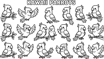 Fototapeta premium Kawaii parrots illustrations in black and white line art style for coloring book pages various cute parrot poses