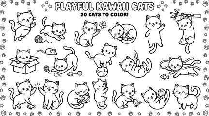 Playful kawaii cats in various poses and activities for coloring book pages  fun feline illustrations © Mollik