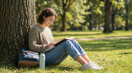 Obraz premium Back to School Student Studying Outdoors Under Tree with Notebook Peaceful Campus Learning Nature Education Lifestyle