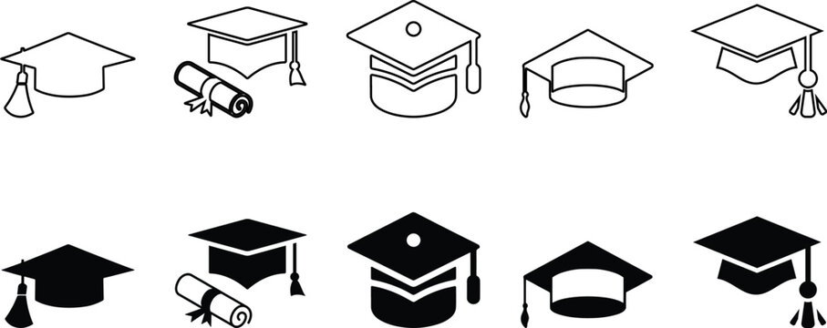 Education learning thin line icons set, school editable stroke icons, vector illustration graduation hat cap flat icon, student hat simple design, e-learning college teacher sciences e-book vector