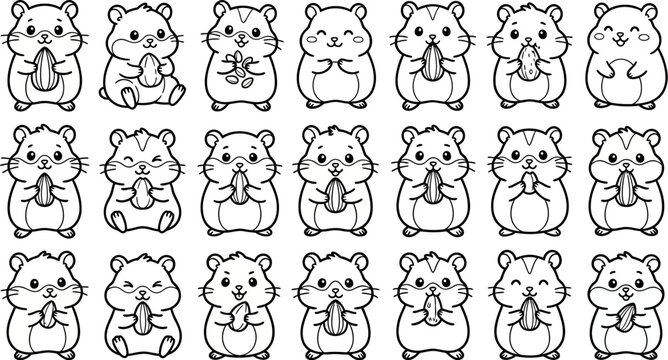 line drawing of multiple hamsters in various poses with corn on the cob  cute animal illustrations