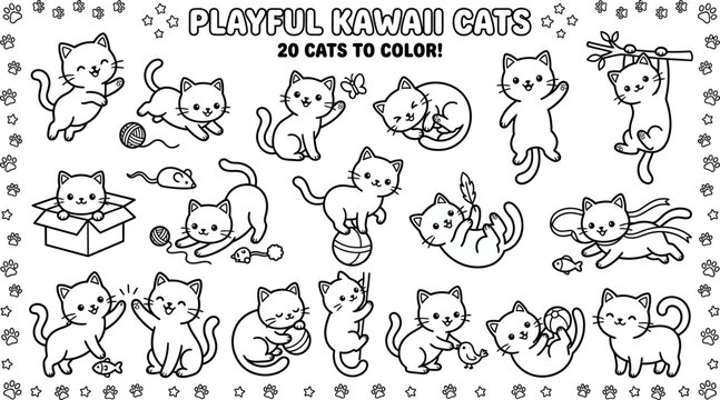 Playful kawaii cats in various poses and activities for coloring book pages  fun feline illustrations