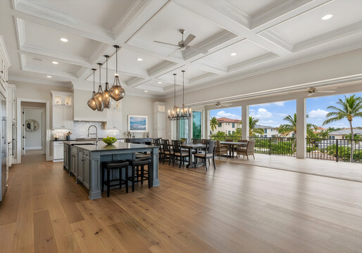 Modern kitchen with dining area and large windows overlooking outdoor patio and palm trees