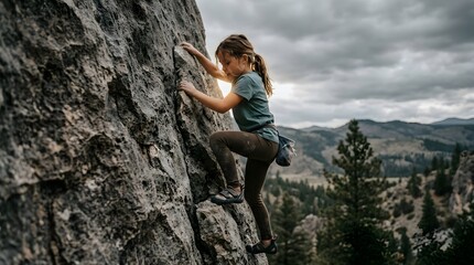 Obraz premium Woman climbs rock face outdoors with overcast sky and distant mountains